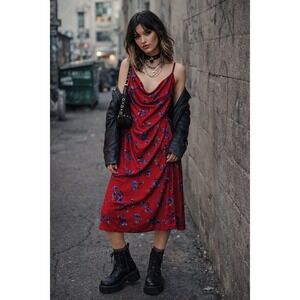 Vintage y2k Ruby Prom Dress Red Floral Print Cowl Neck Slinky Cinched Midi Sz L